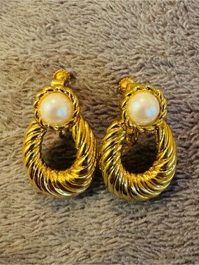 Gold Pearl Hoop Drop Earrings
